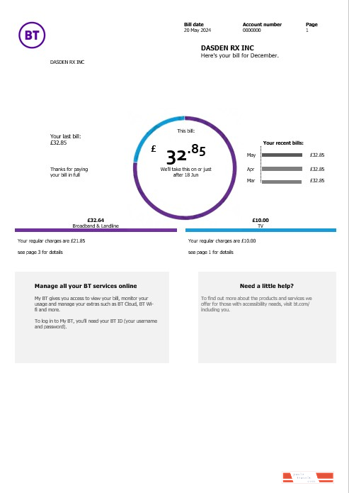 United Kingdom BT telecommunications business utility bill template in Word and PDF formats, version 2